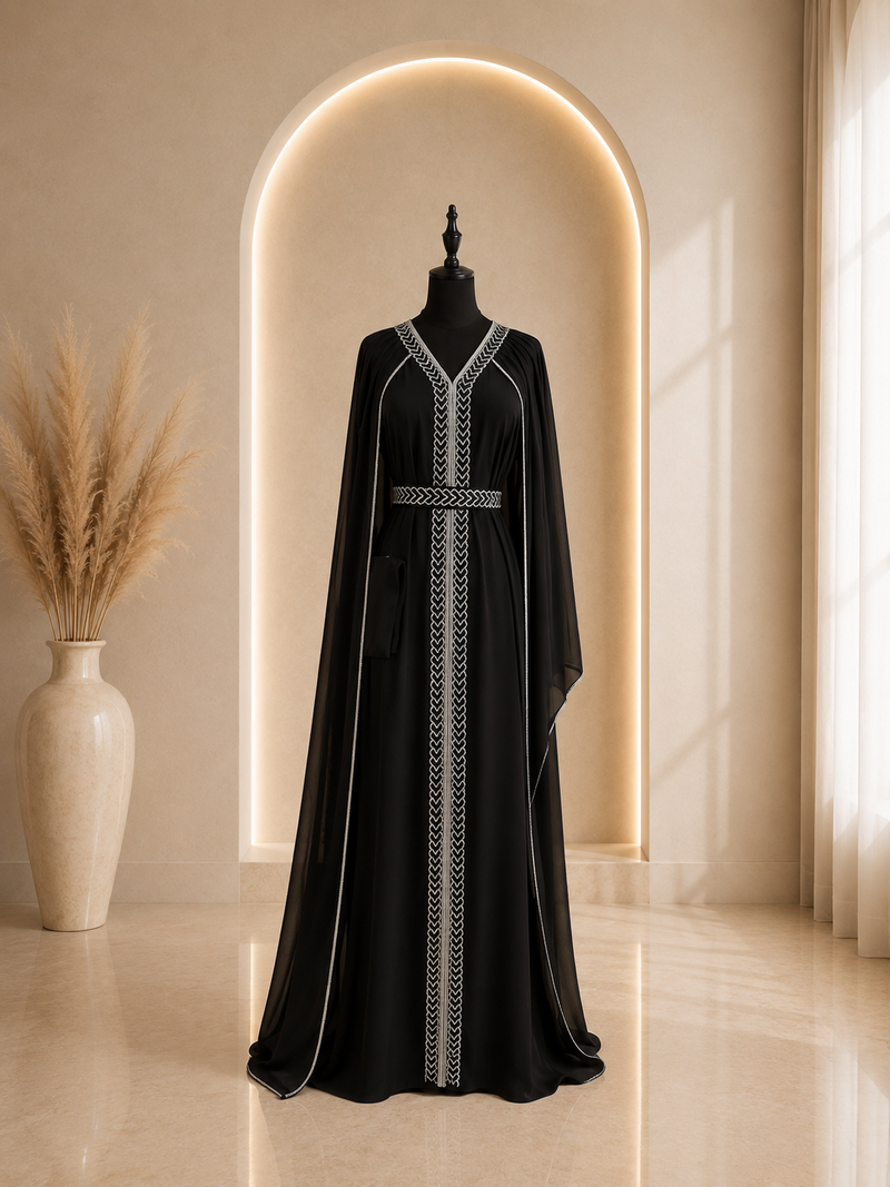 Abaya Noire à Broderies Argentées