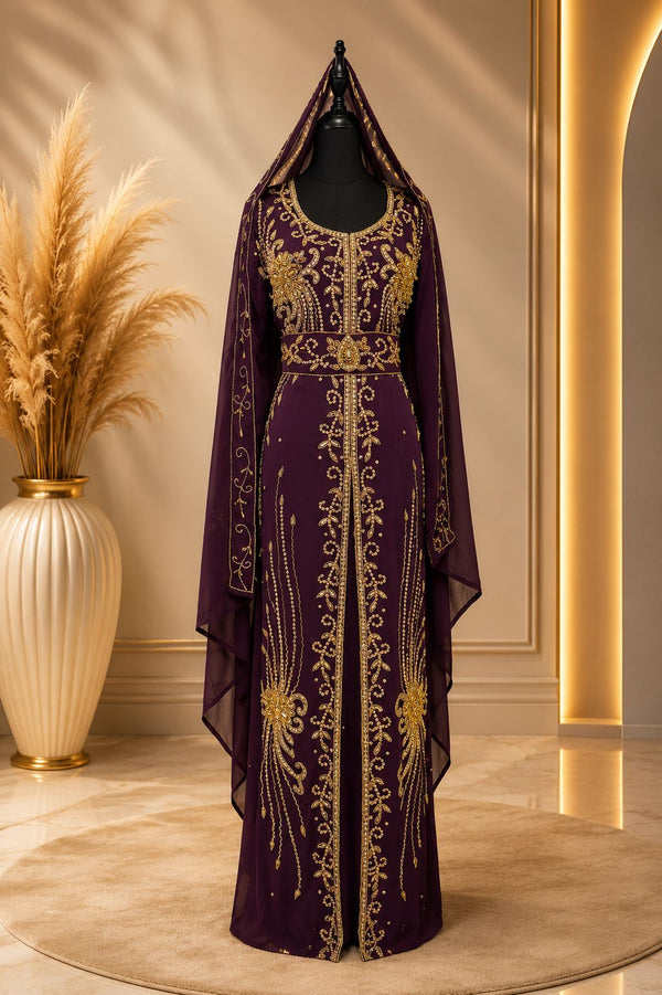 Caftan Royal Prune Brodé Or avec Voile Assorti