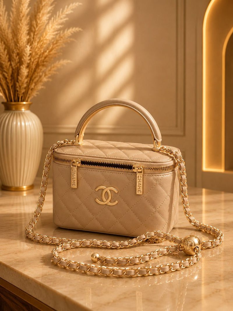 Sac Vanity Matelassé Beige – Chaîne Dorée & Poignée Élégance