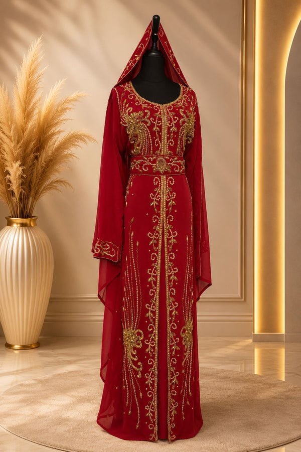 Caftan Marocain Rouge Prestige – Broderies Dorées Artisanales