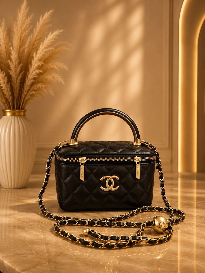 Sac Vanity Matelassé Noir – Chaîne Dorée & Bandoulière