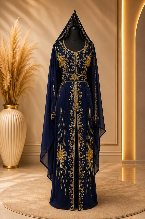 Caftan Royal Bleu Nuit Brodé Or avec Voile Assorti