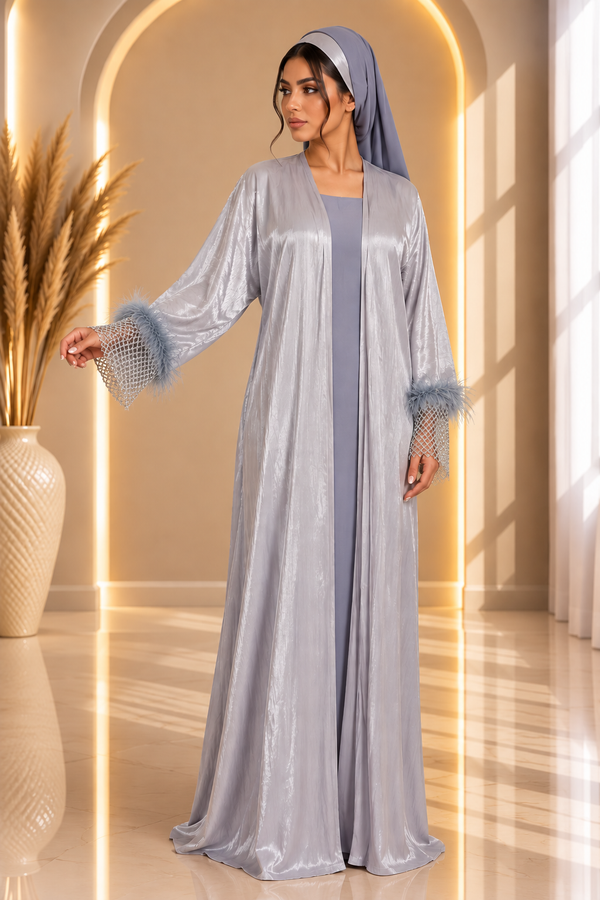 Abaya grise à plume