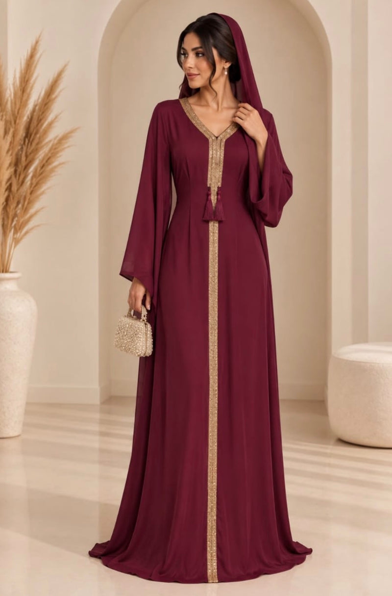 Abaya bordeaux et or