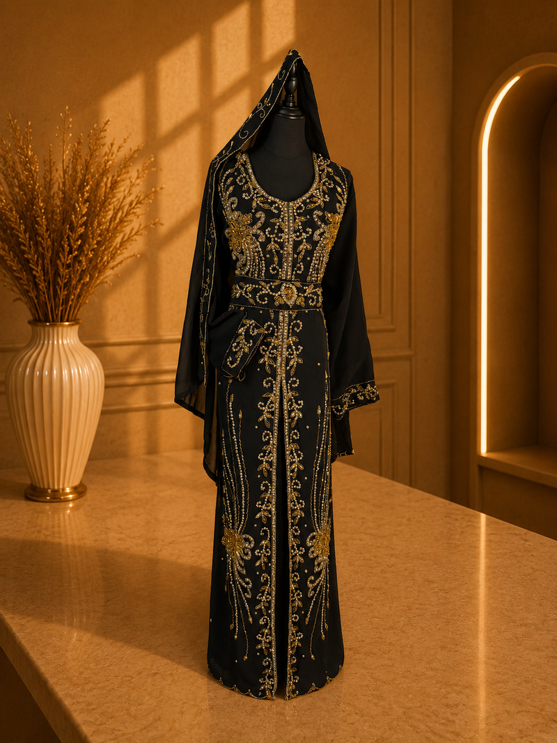 Abaya Noire Brodée Luxe avec Hijab Assorti – Élégance Orientale