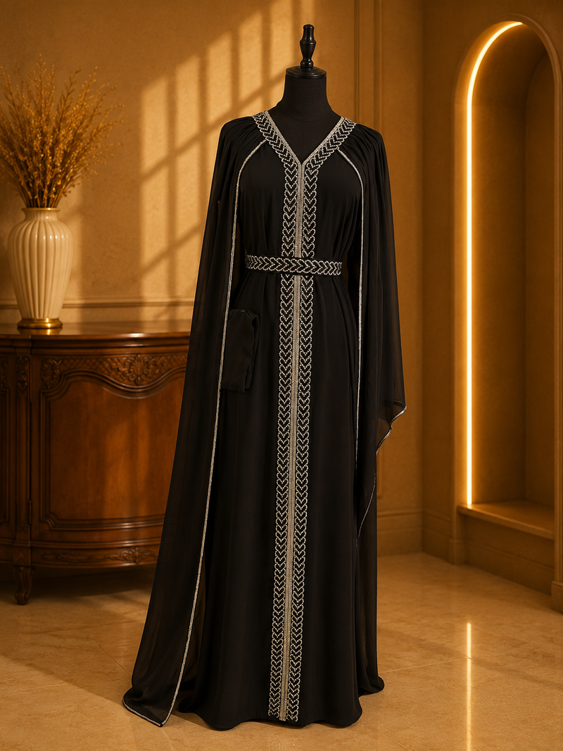 Abaya Noire Premium à Broderies Argentées – Élégance Intemporelle